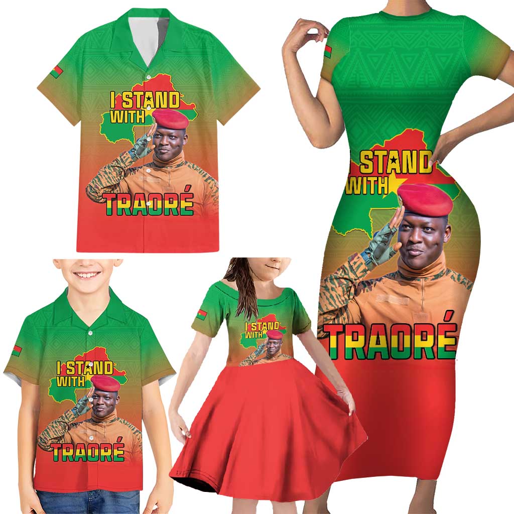 I Stand With Traore Family Matching Short Sleeve Bodycon Dress and Hawaiian Shirt Burkina Faso Flag Map - African Pattern