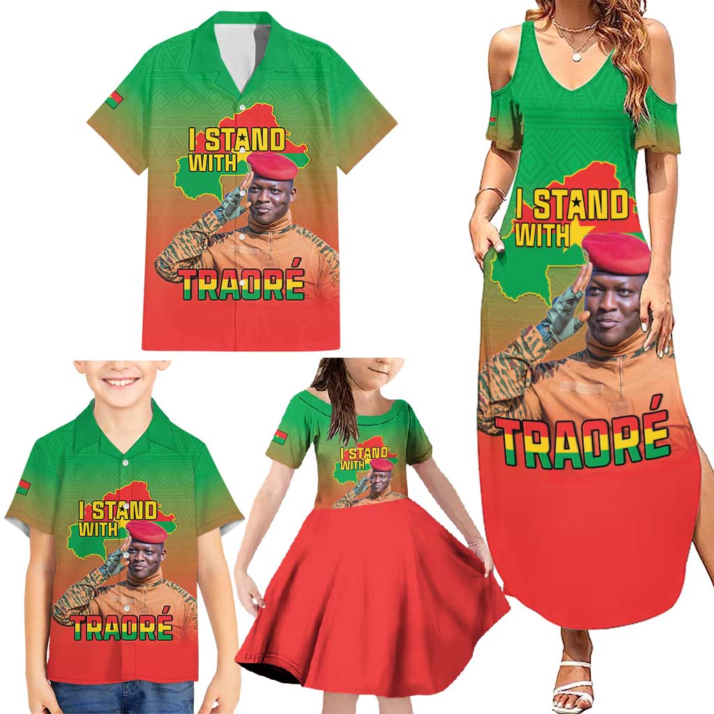 I Stand With Traore Family Matching Summer Maxi Dress and Hawaiian Shirt Burkina Faso Flag Map - African Pattern