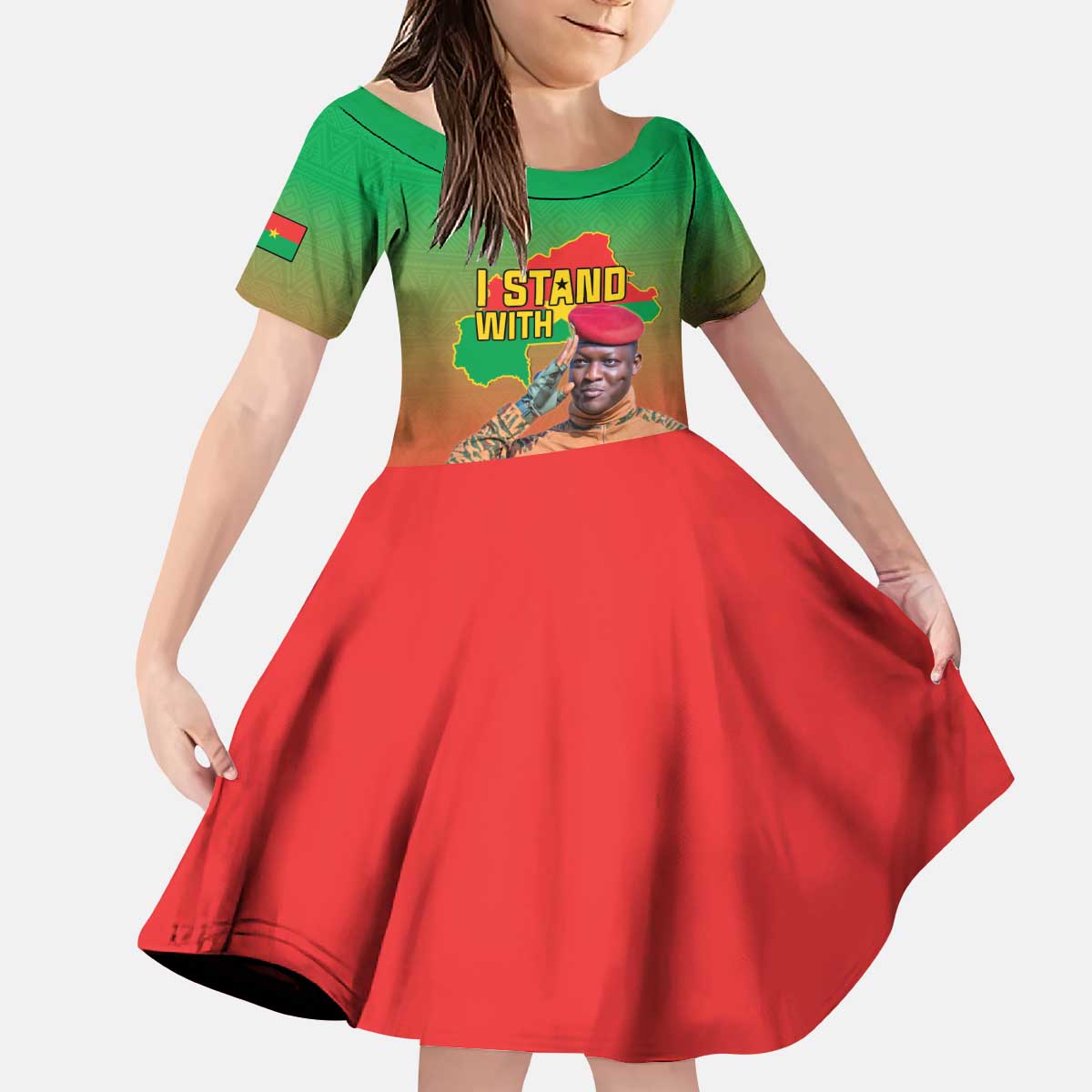 I Stand With Traore Kid Short Sleeve Dress Burkina Faso Flag Map - African Pattern