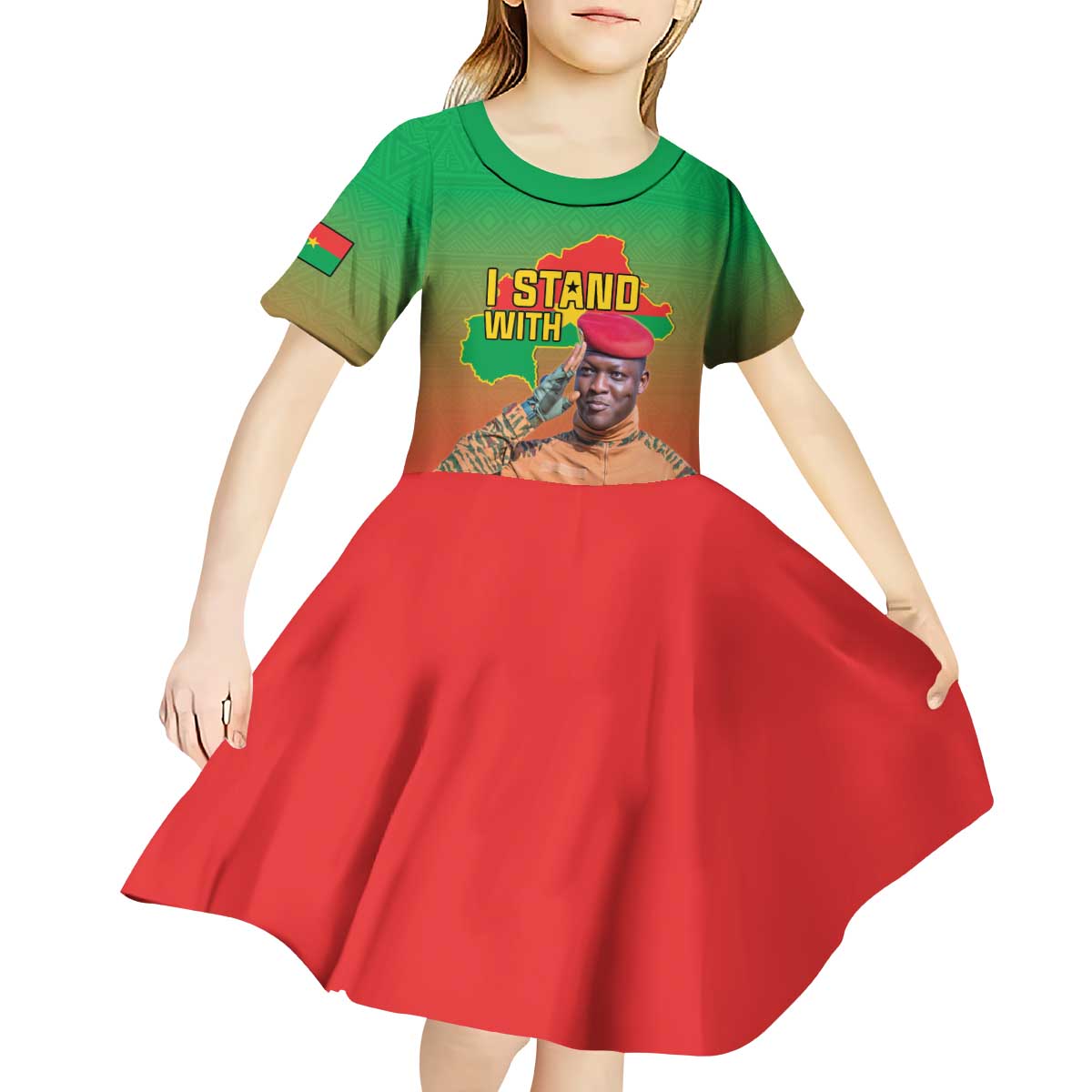 I Stand With Traore Kid Short Sleeve Dress Burkina Faso Flag Map - African Pattern