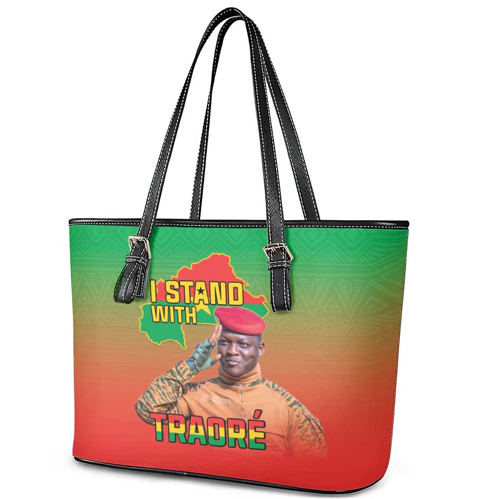 I Stand With Traore Leather Tote Bag Burkina Faso Flag Map - African Pattern