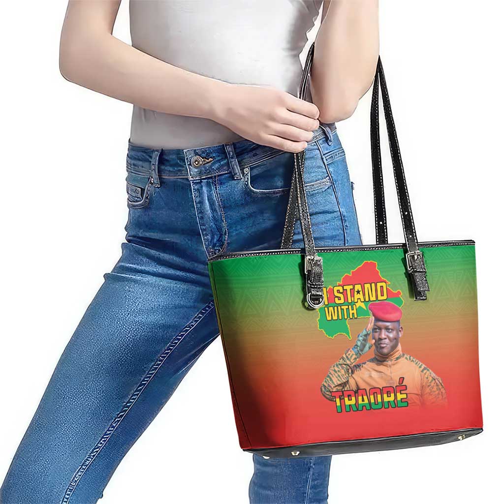 I Stand With Traore Leather Tote Bag Burkina Faso Flag Map - African Pattern