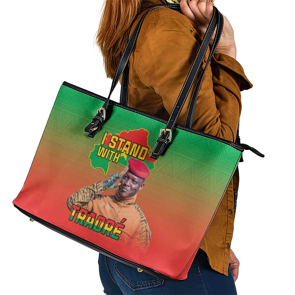 I Stand With Traore Leather Tote Bag Burkina Faso Flag Map - African Pattern