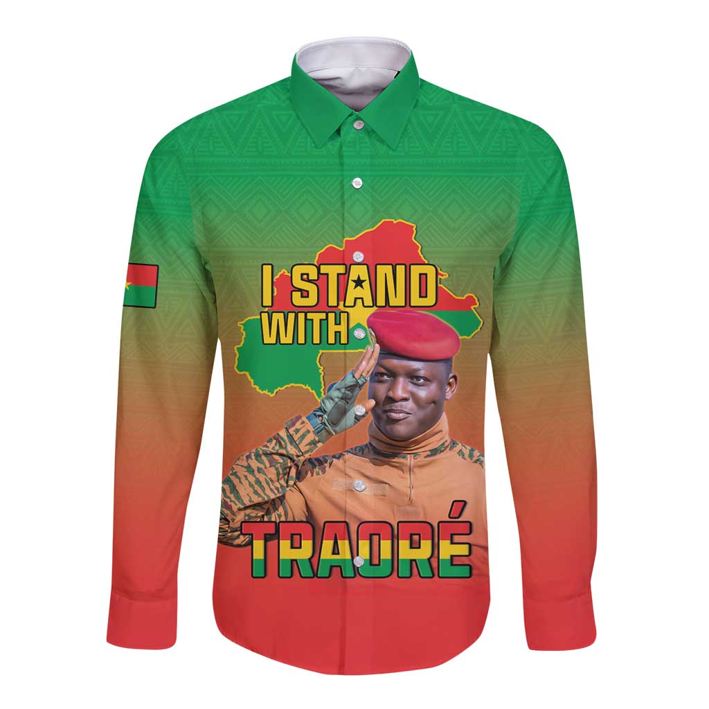 I Stand With Traore Long Sleeve Button Shirt Burkina Faso Flag Map - African Pattern