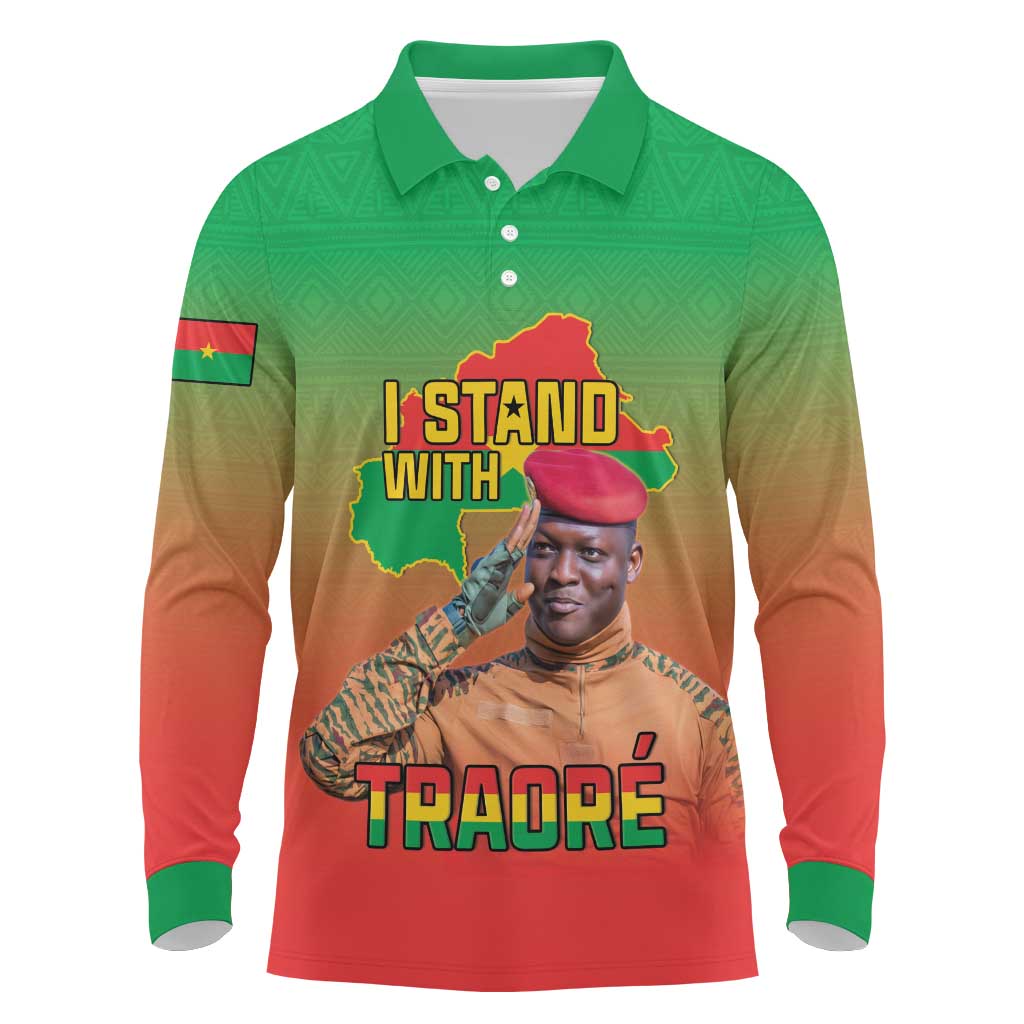 I Stand With Traore Long Sleeve Polo Shirt Burkina Faso Flag Map - African Pattern