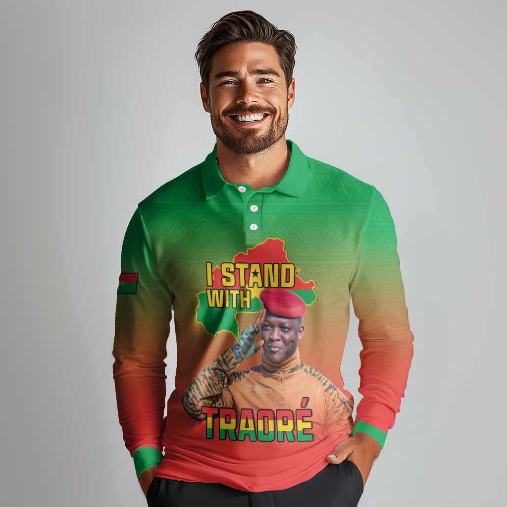I Stand With Traore Long Sleeve Polo Shirt Burkina Faso Flag Map - African Pattern