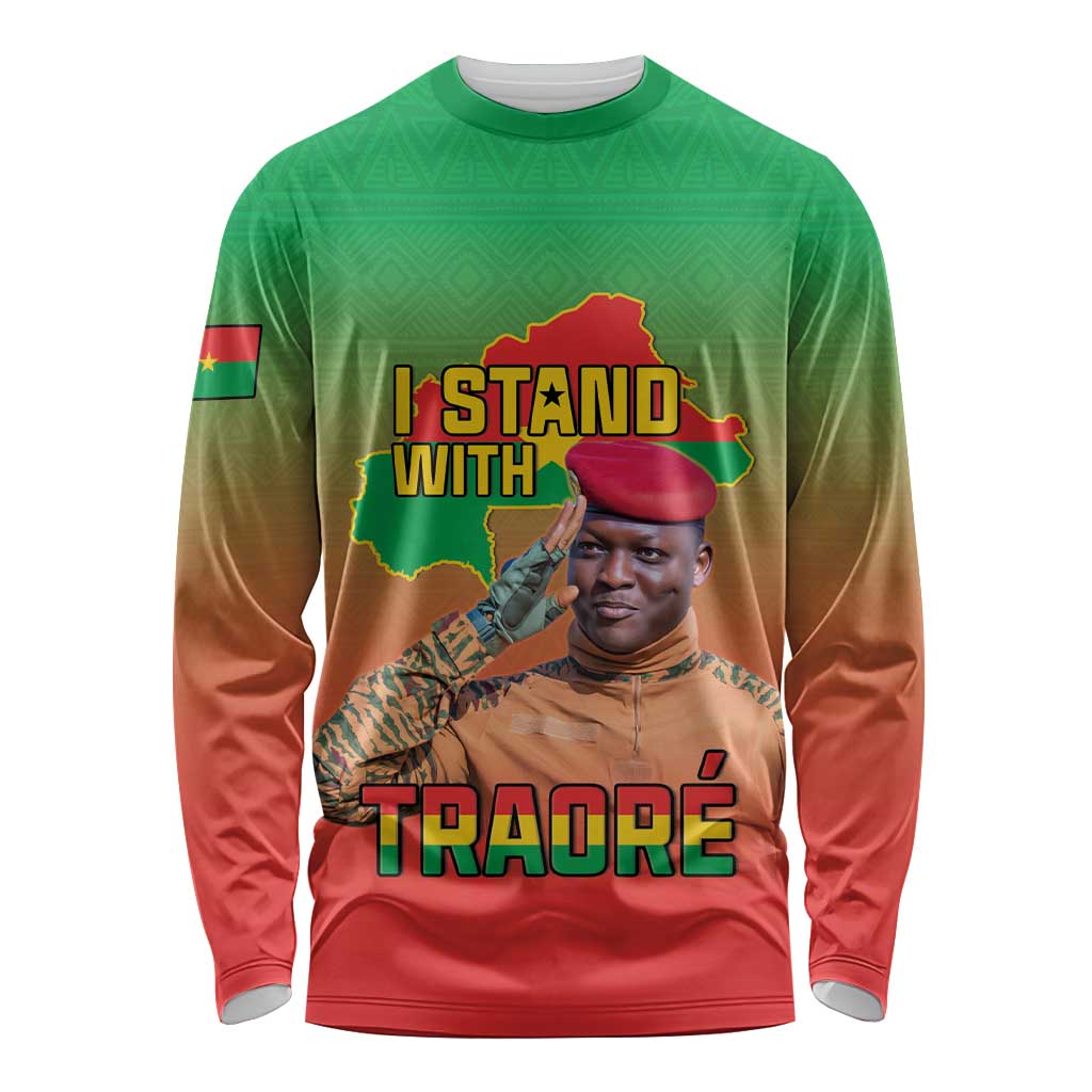 I Stand With Traore Long Sleeve Shirt Burkina Faso Flag Map - African Pattern