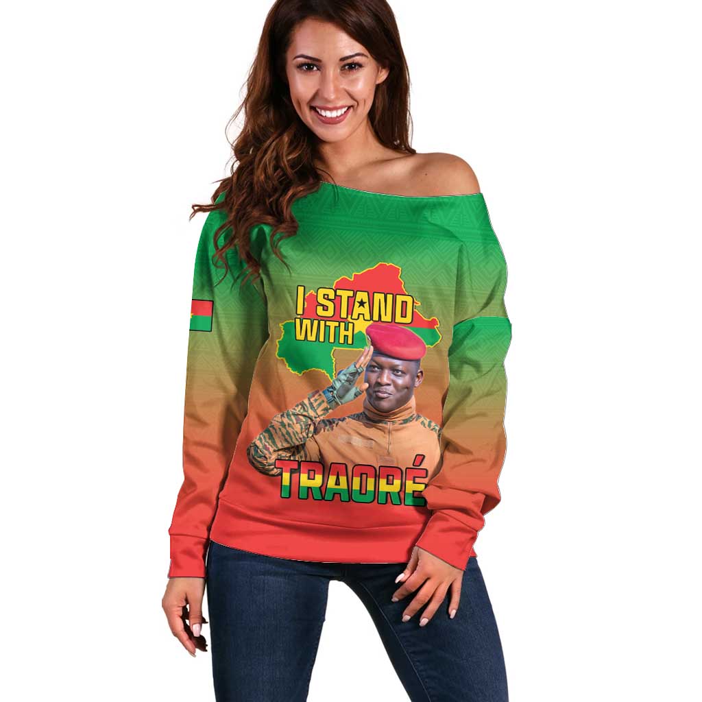 I Stand With Traore Off Shoulder Sweater Burkina Faso Flag Map - African Pattern