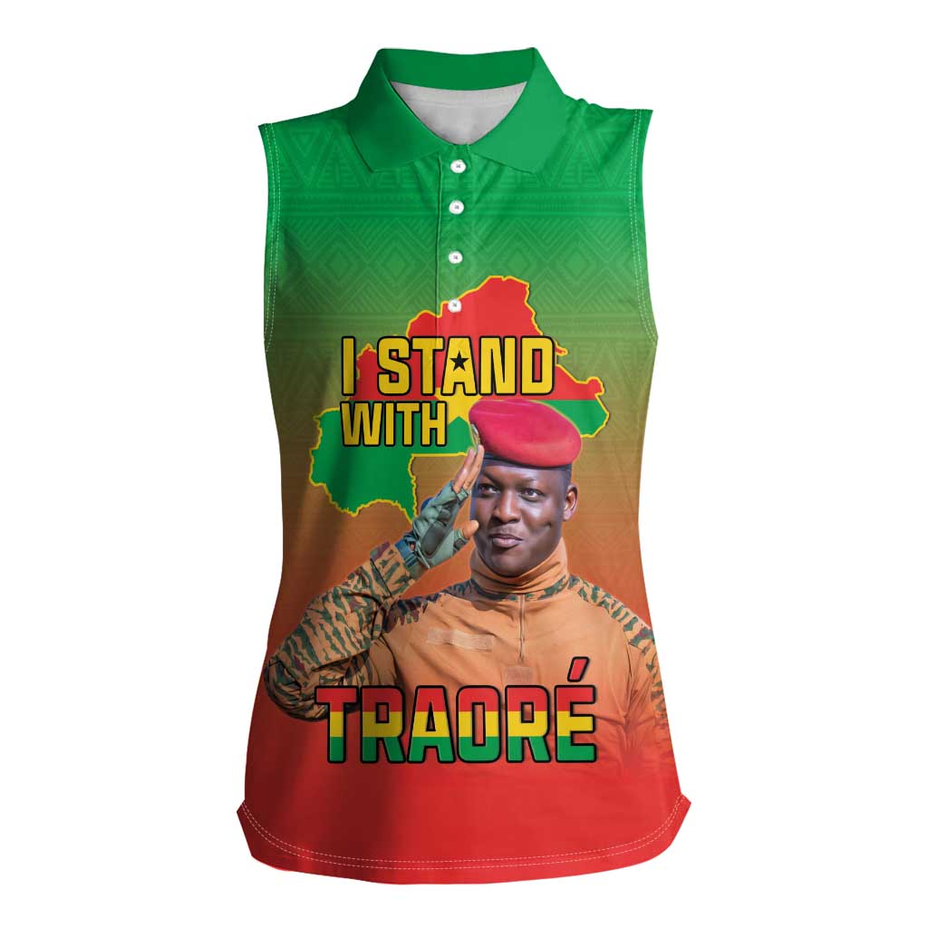 I Stand With Traore Women Sleeveless Polo Shirt Burkina Faso Flag Map - African Pattern