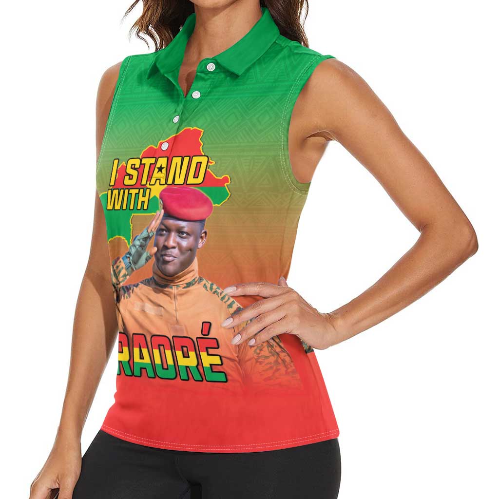I Stand With Traore Women Sleeveless Polo Shirt Burkina Faso Flag Map - African Pattern