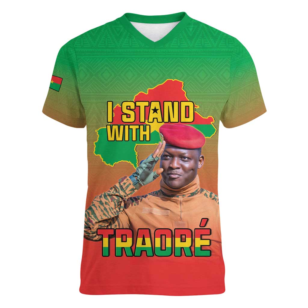 I Stand With Traore Women V-Neck T-Shirt Burkina Faso Flag Map - African Pattern