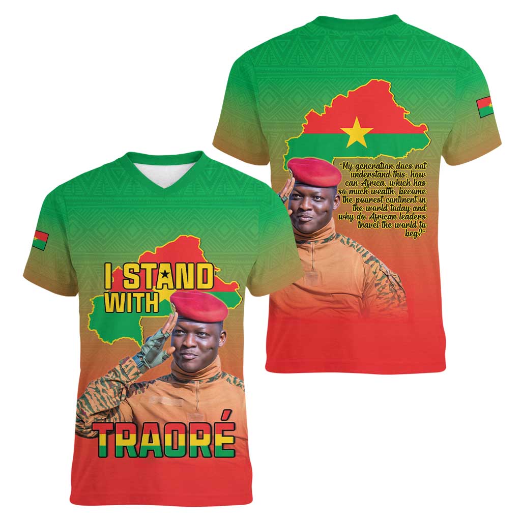 I Stand With Traore Women V-Neck T-Shirt Burkina Faso Flag Map - African Pattern