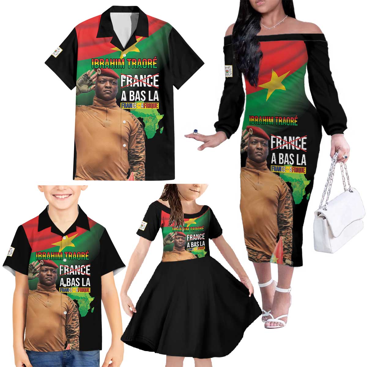 Traore Burkina Faso Family Matching Off The Shoulder Long Sleeve Dress and Hawaiian Shirt A Bas La France - Afrique