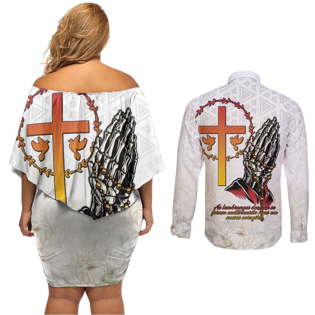 Angola All Souls Day Couples Matching Off Shoulder Short Dress and Long Sleeve Button Shirt Together in Remembrance - Wonder Print Shop