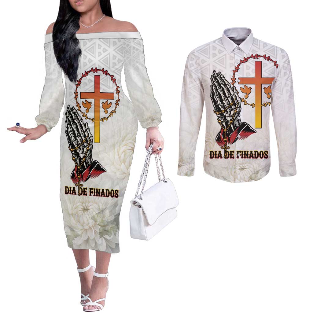 Angola All Souls Day Couples Matching Off The Shoulder Long Sleeve Dress and Long Sleeve Button Shirt Together in Remembrance - Wonder Print Shop