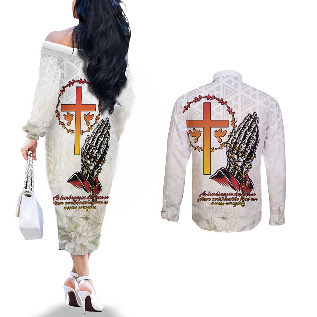 Angola All Souls Day Couples Matching Off The Shoulder Long Sleeve Dress and Long Sleeve Button Shirt Together in Remembrance - Wonder Print Shop