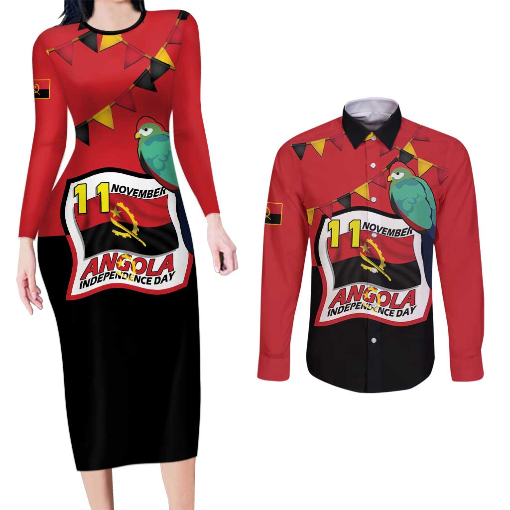 Happy Angola Couples Matching Long Sleeve Bodycon Dress and Long Sleeve Button Shirt 50 Years of Independence - Wonder Print Shop
