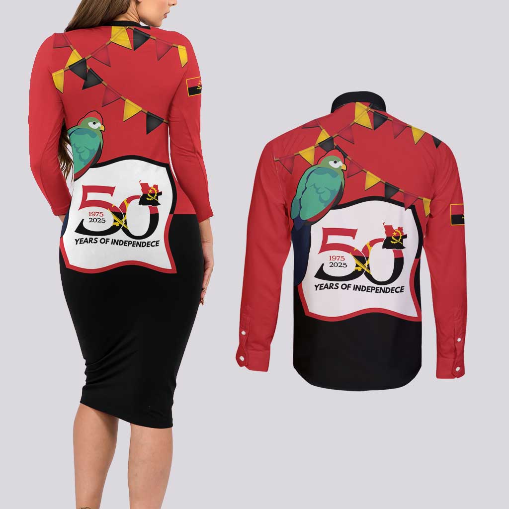 Happy Angola Couples Matching Long Sleeve Bodycon Dress and Long Sleeve Button Shirt 50 Years of Independence - Wonder Print Shop