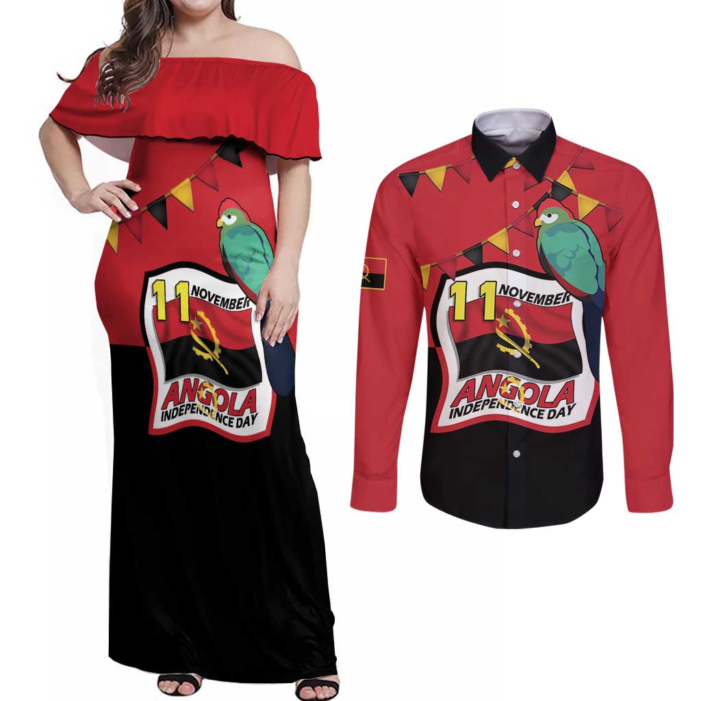 Happy Angola Couples Matching Off Shoulder Maxi Dress and Long Sleeve Button Shirt 50 Years of Independence - Wonder Print Shop