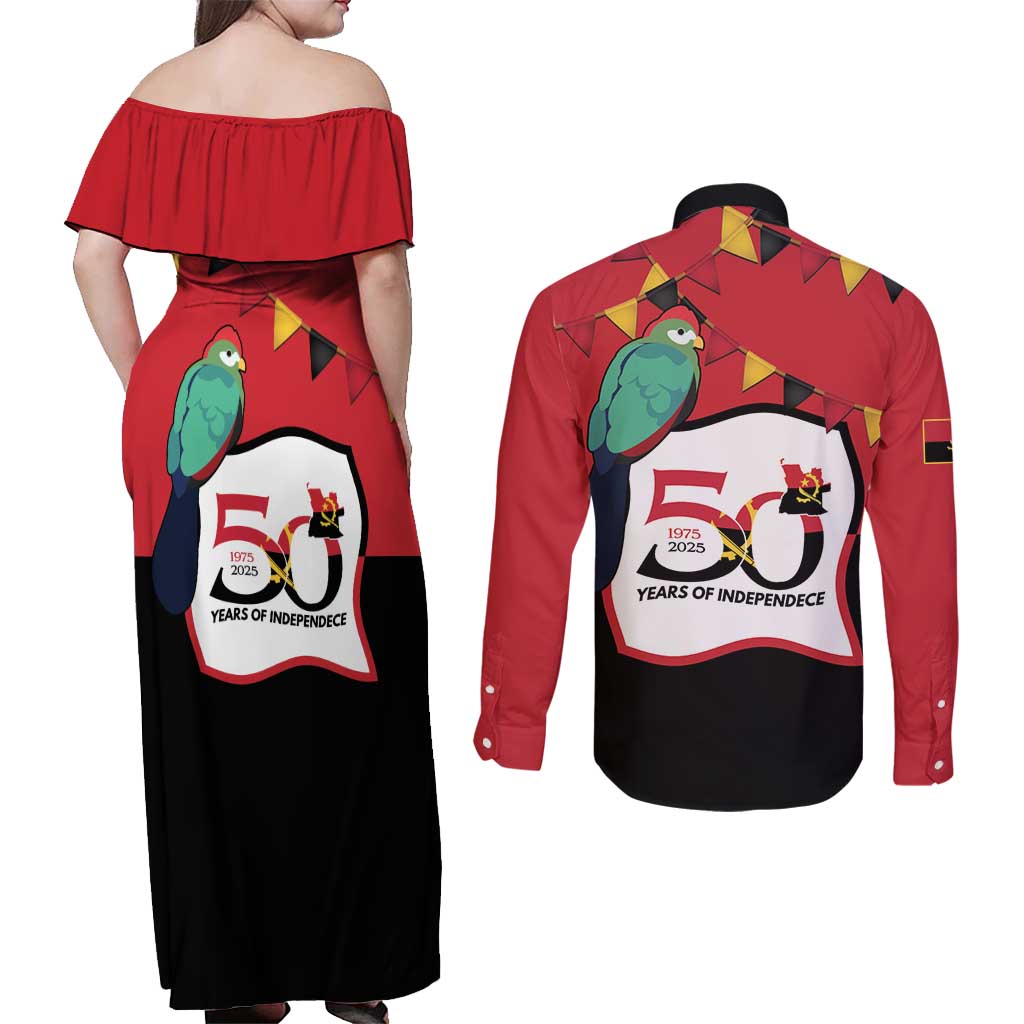 Happy Angola Couples Matching Off Shoulder Maxi Dress and Long Sleeve Button Shirt 50 Years of Independence - Wonder Print Shop