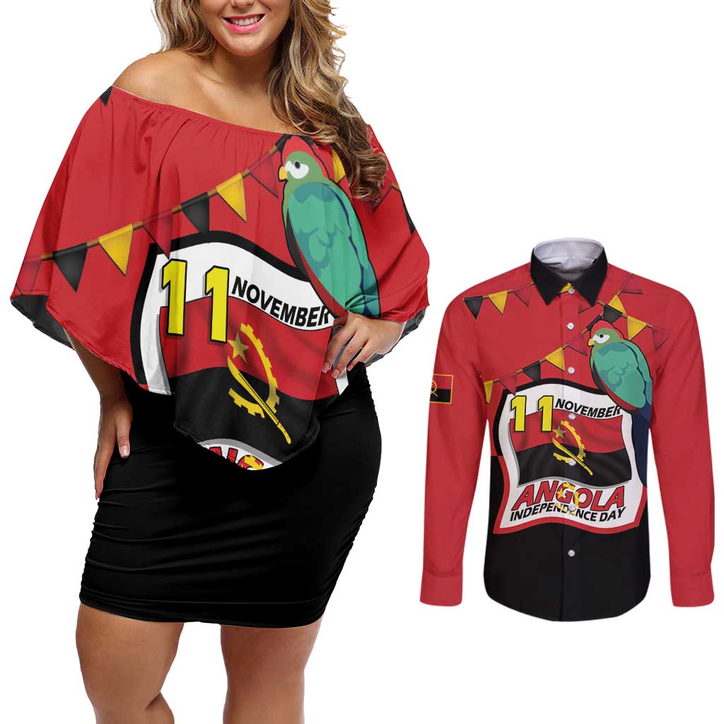 Happy Angola Couples Matching Off Shoulder Short Dress and Long Sleeve Button Shirt 50 Years of Independence - Wonder Print Shop