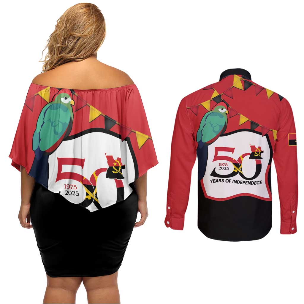Happy Angola Couples Matching Off Shoulder Short Dress and Long Sleeve Button Shirt 50 Years of Independence - Wonder Print Shop
