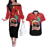 Happy Angola Couples Matching Off The Shoulder Long Sleeve Dress and Hawaiian Shirt 50 Years of Independence - Wonder Print Shop