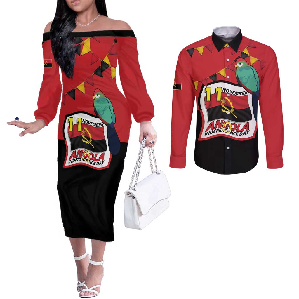 Happy Angola Couples Matching Off The Shoulder Long Sleeve Dress and Long Sleeve Button Shirt 50 Years of Independence - Wonder Print Shop
