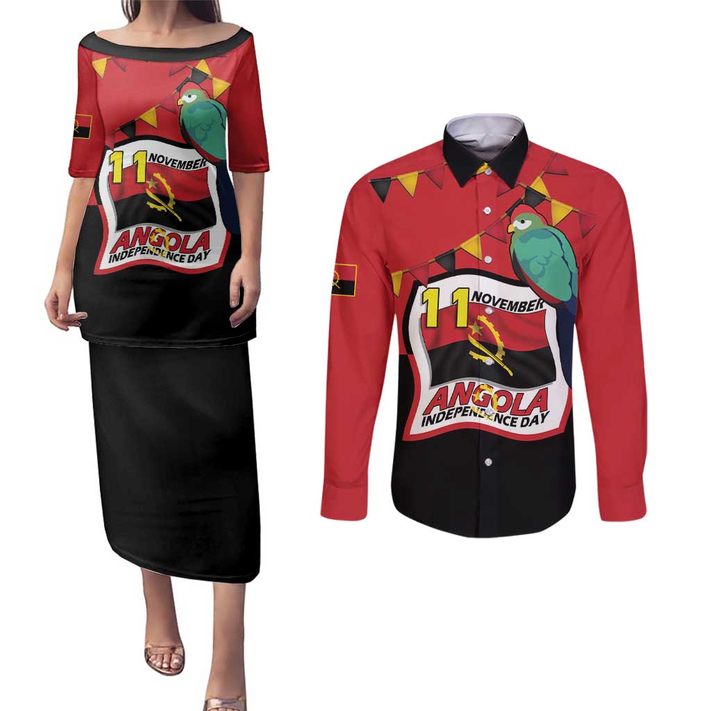 Happy Angola Couples Matching Puletasi and Long Sleeve Button Shirt 50 Years of Independence - Wonder Print Shop