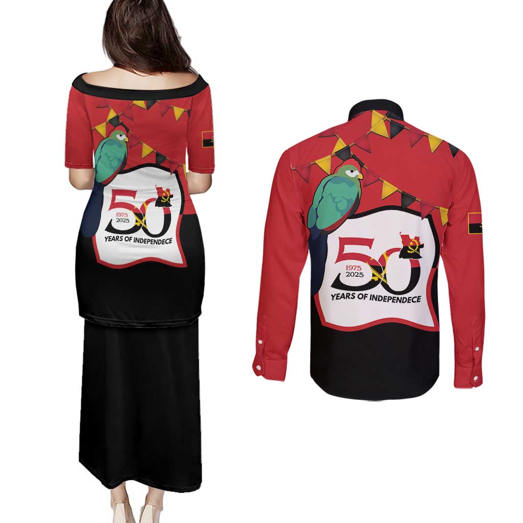 Happy Angola Couples Matching Puletasi and Long Sleeve Button Shirt 50 Years of Independence - Wonder Print Shop