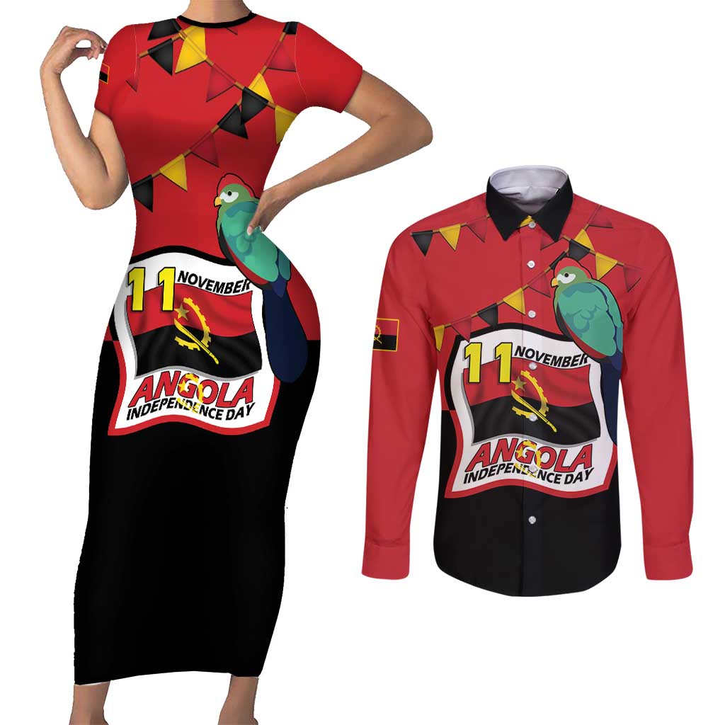 Happy Angola Couples Matching Short Sleeve Bodycon Dress and Long Sleeve Button Shirt 50 Years of Independence - Wonder Print Shop
