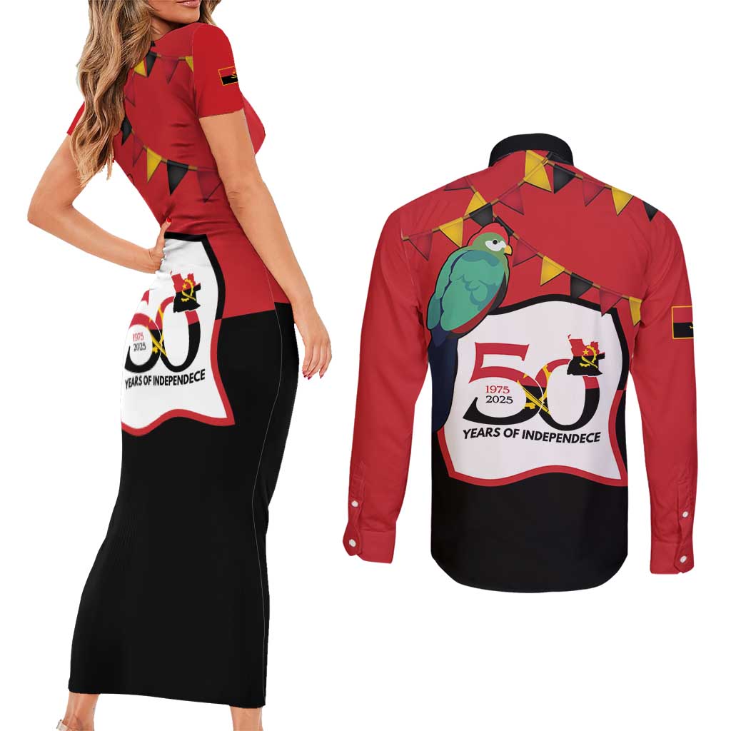 Happy Angola Couples Matching Short Sleeve Bodycon Dress and Long Sleeve Button Shirt 50 Years of Independence - Wonder Print Shop