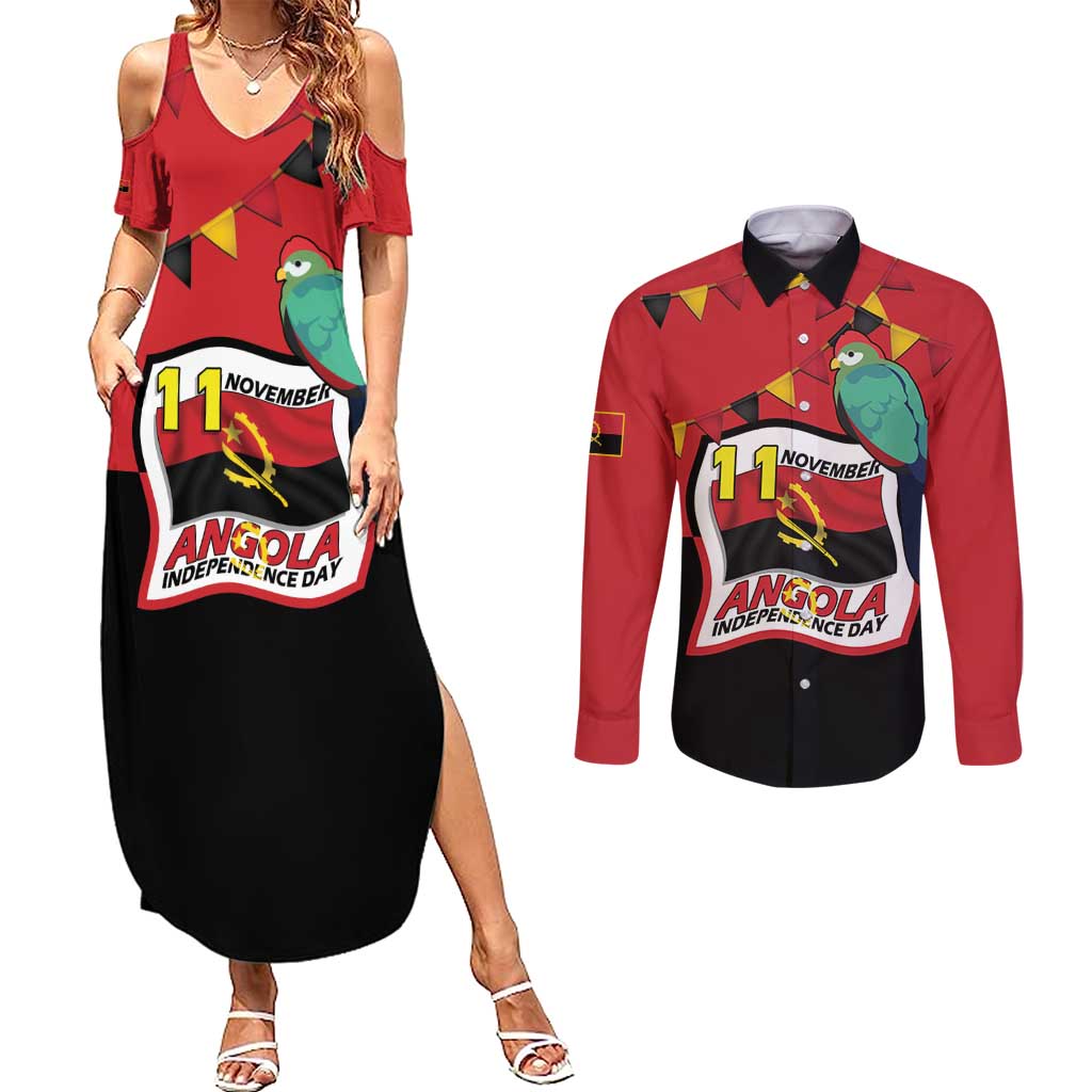 Happy Angola Couples Matching Summer Maxi Dress and Long Sleeve Button Shirt 50 Years of Independence - Wonder Print Shop