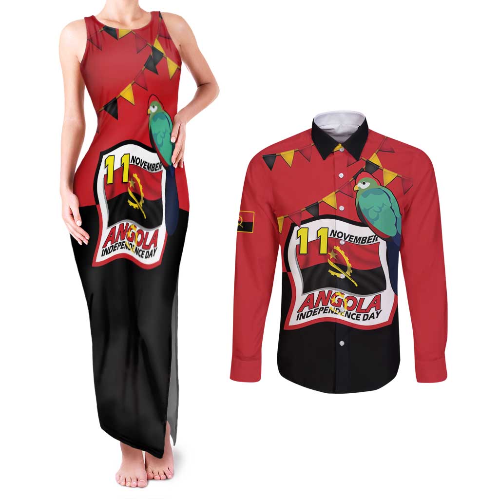 Happy Angola Couples Matching Tank Maxi Dress and Long Sleeve Button Shirt 50 Years of Independence - Wonder Print Shop