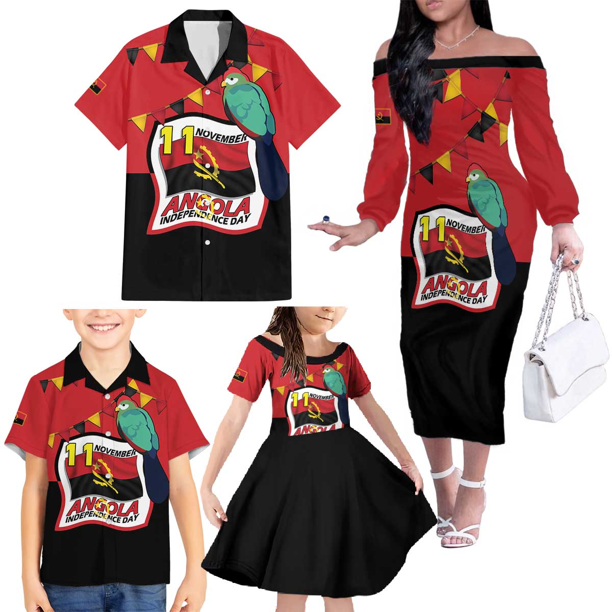 Happy Angola Family Matching Off The Shoulder Long Sleeve Dress and Hawaiian Shirt 50 Years of Independence - Wonder Print Shop