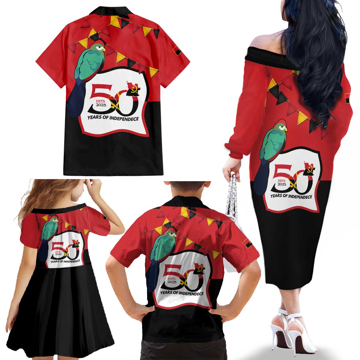 Happy Angola Family Matching Off The Shoulder Long Sleeve Dress and Hawaiian Shirt 50 Years of Independence - Wonder Print Shop