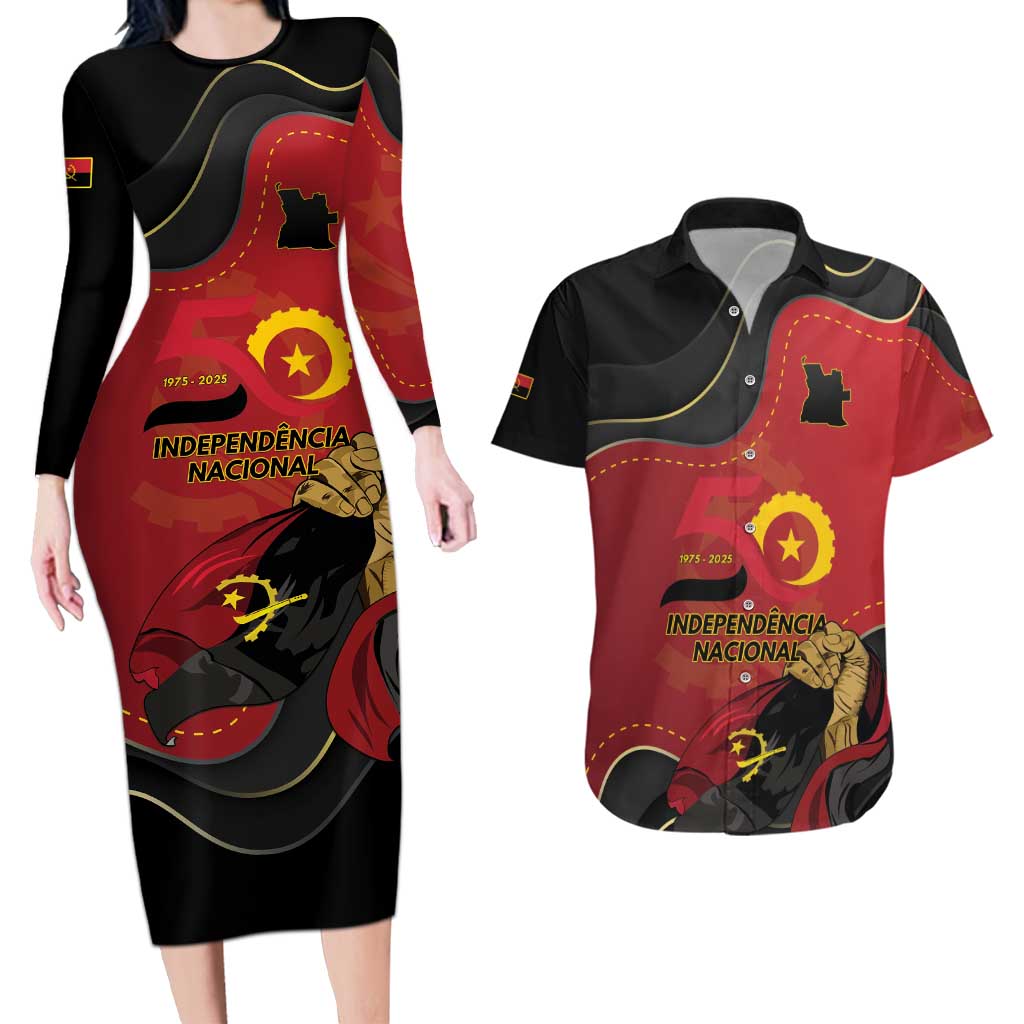 Personalized Angola Independence Day Couples Matching Long Sleeve Bodycon Dress and Hawaiian Shirt Virtue Is Stronger When United - Wonder Print Shop