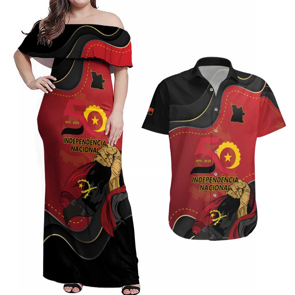Personalized Angola Independence Day Couples Matching Off Shoulder Maxi Dress and Hawaiian Shirt Virtue Is Stronger When United - Wonder Print Shop