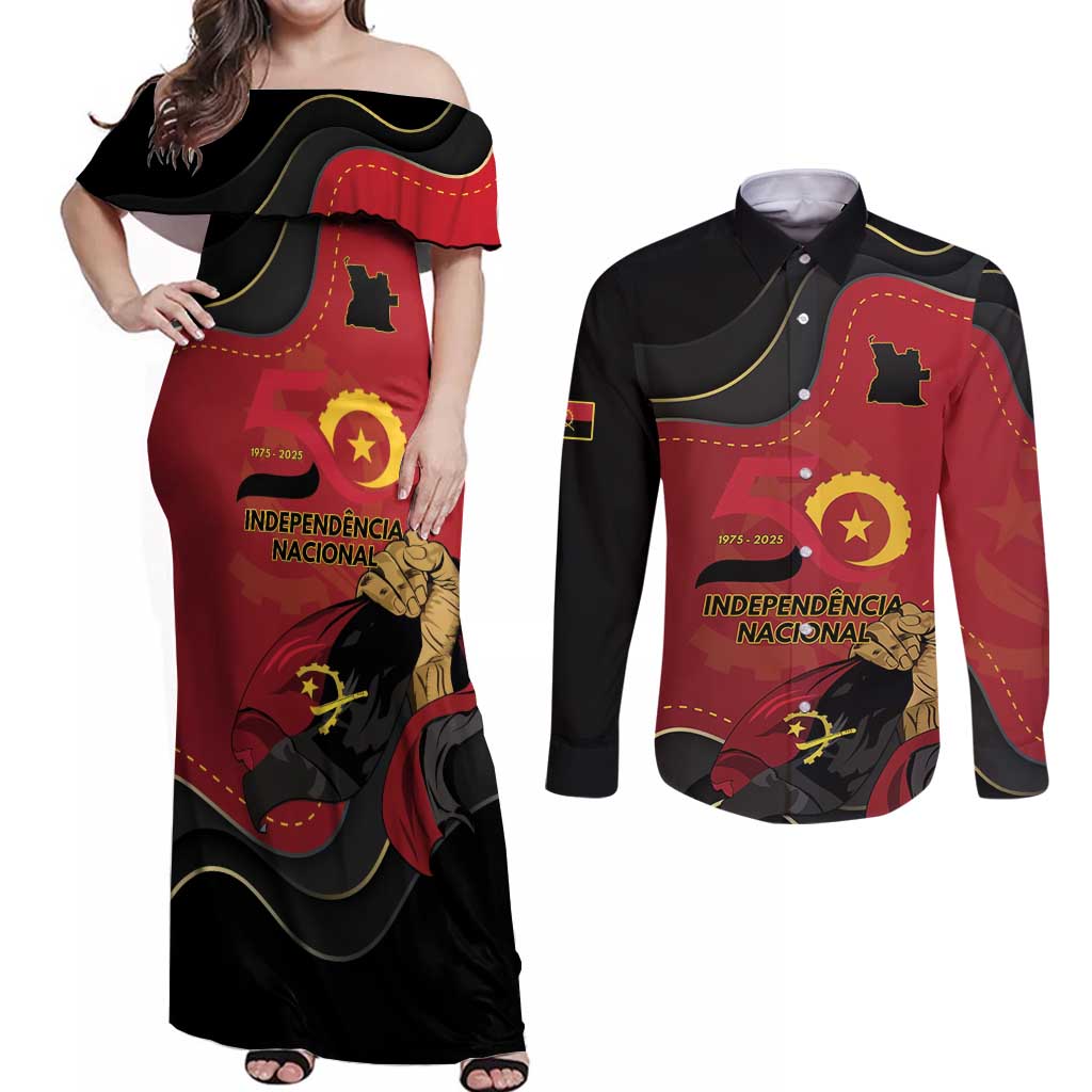 Personalized Angola Independence Day Couples Matching Off Shoulder Maxi Dress and Long Sleeve Button Shirt Virtue Is Stronger When United - Wonder Print Shop