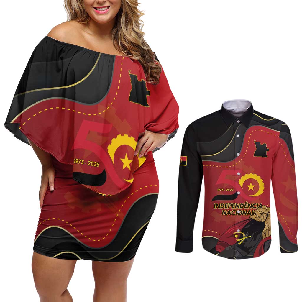 Personalized Angola Independence Day Couples Matching Off Shoulder Short Dress and Long Sleeve Button Shirt Virtue Is Stronger When United - Wonder Print Shop