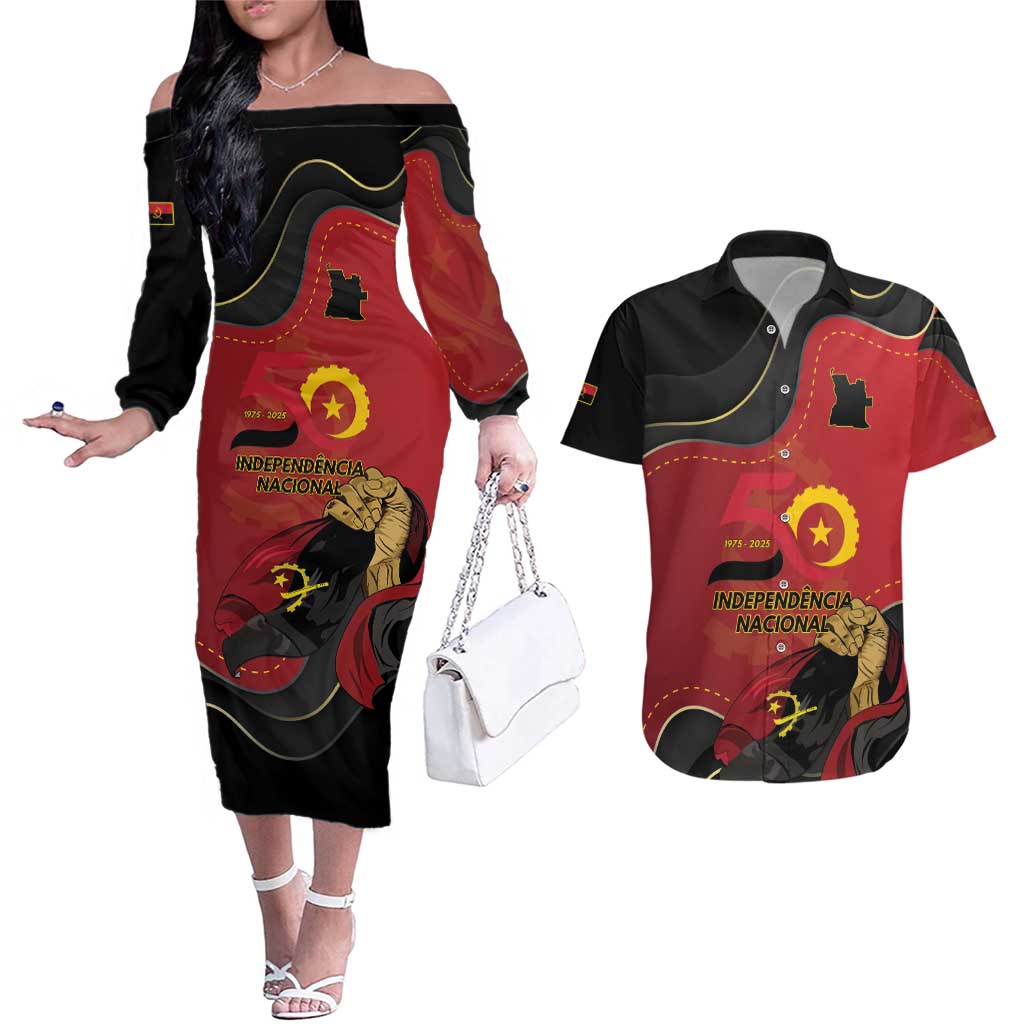 Personalized Angola Independence Day Couples Matching Off The Shoulder Long Sleeve Dress and Hawaiian Shirt Virtue Is Stronger When United - Wonder Print Shop