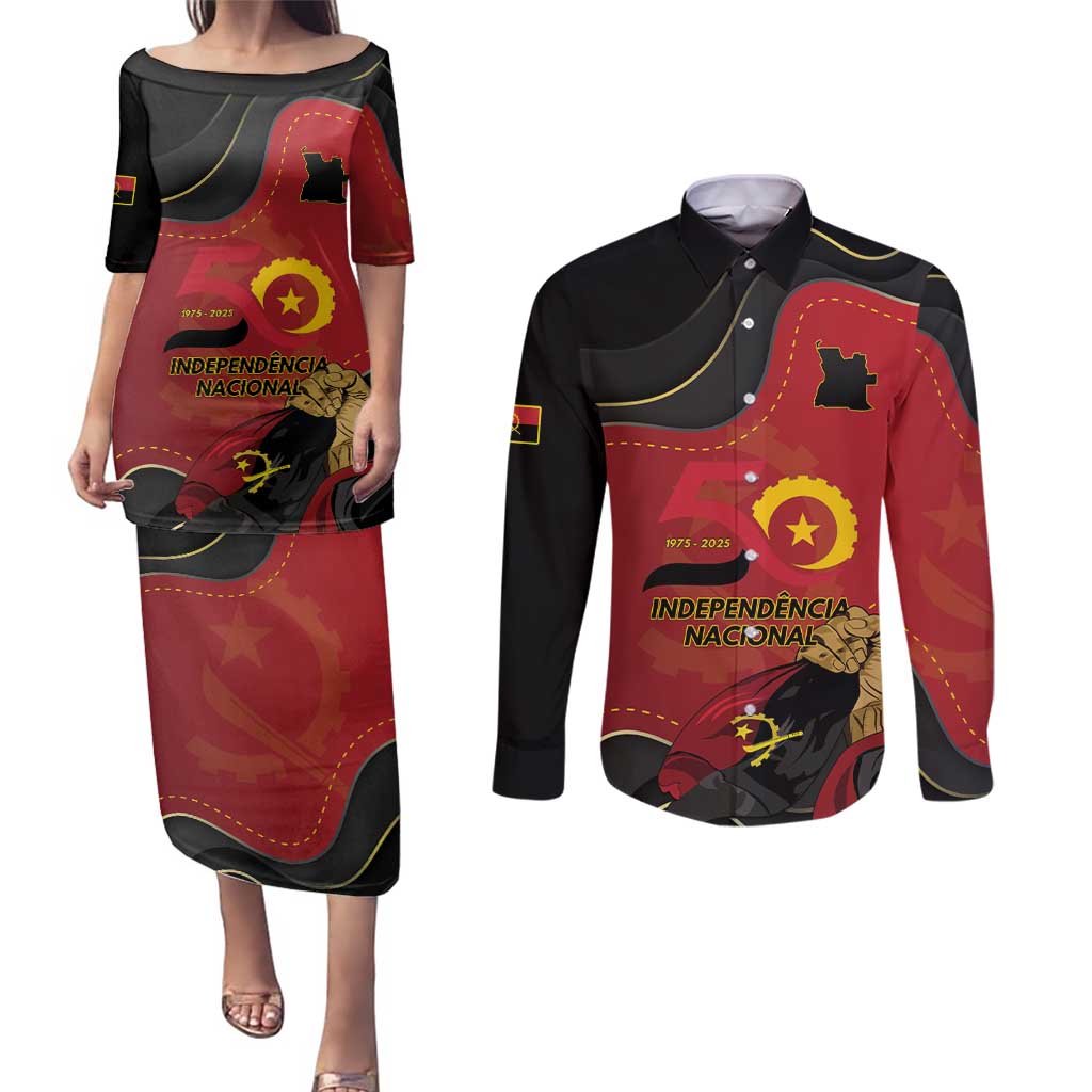 Personalized Angola Independence Day Couples Matching Puletasi and Long Sleeve Button Shirt Virtue Is Stronger When United - Wonder Print Shop