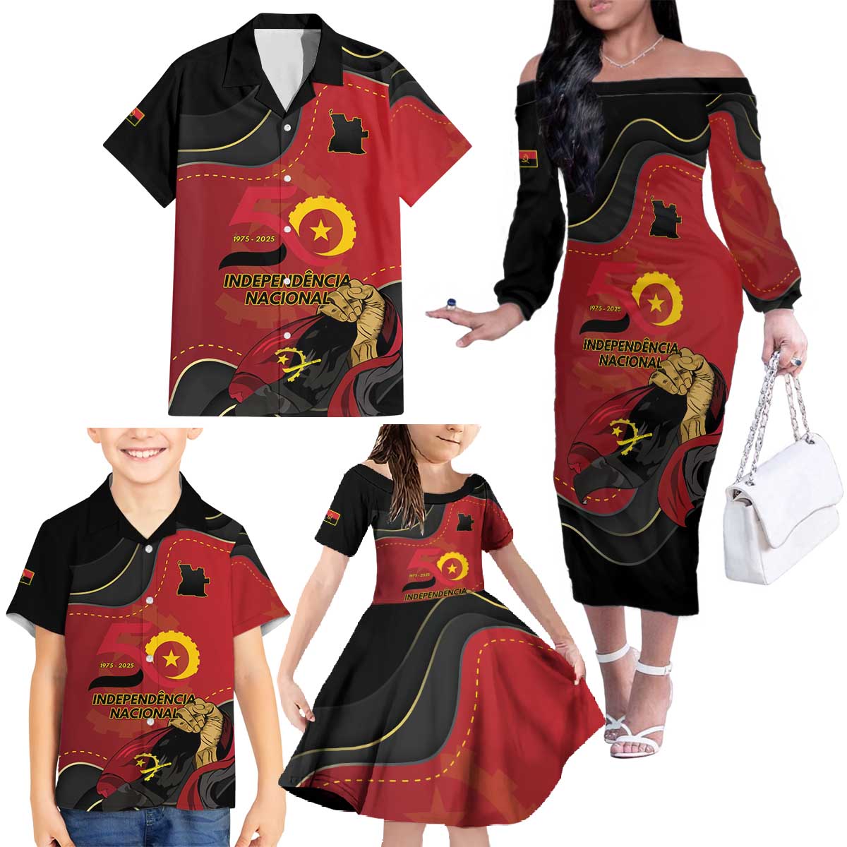 Personalized Angola Independence Day Family Matching Off The Shoulder Long Sleeve Dress and Hawaiian Shirt Virtue Is Stronger When United - Wonder Print Shop