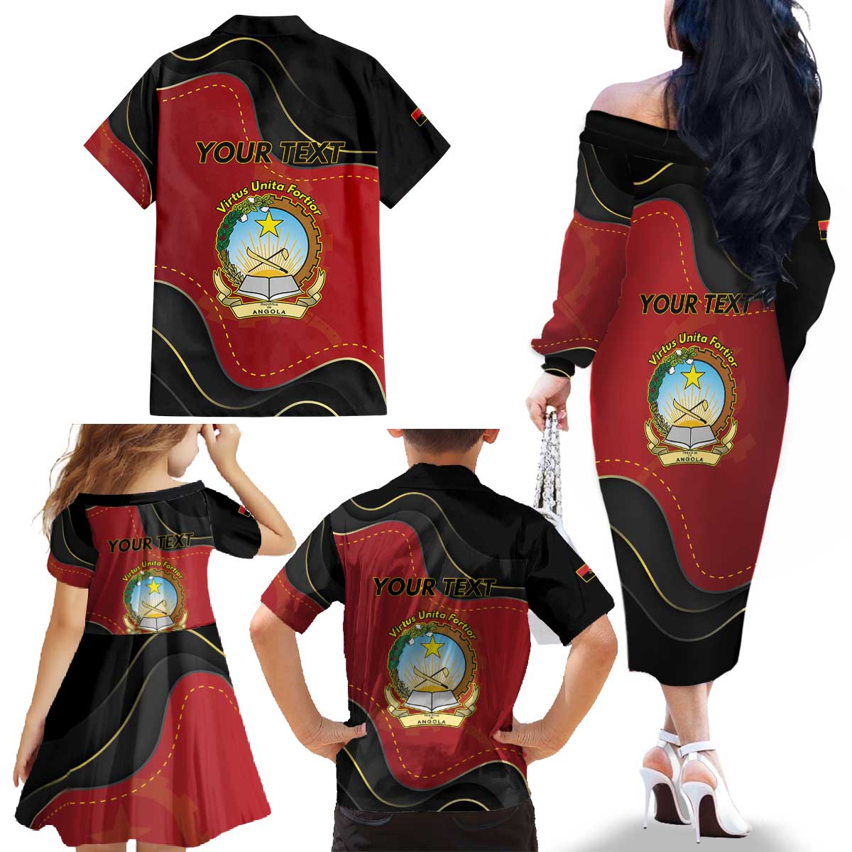 Personalized Angola Independence Day Family Matching Off The Shoulder Long Sleeve Dress and Hawaiian Shirt Virtue Is Stronger When United - Wonder Print Shop