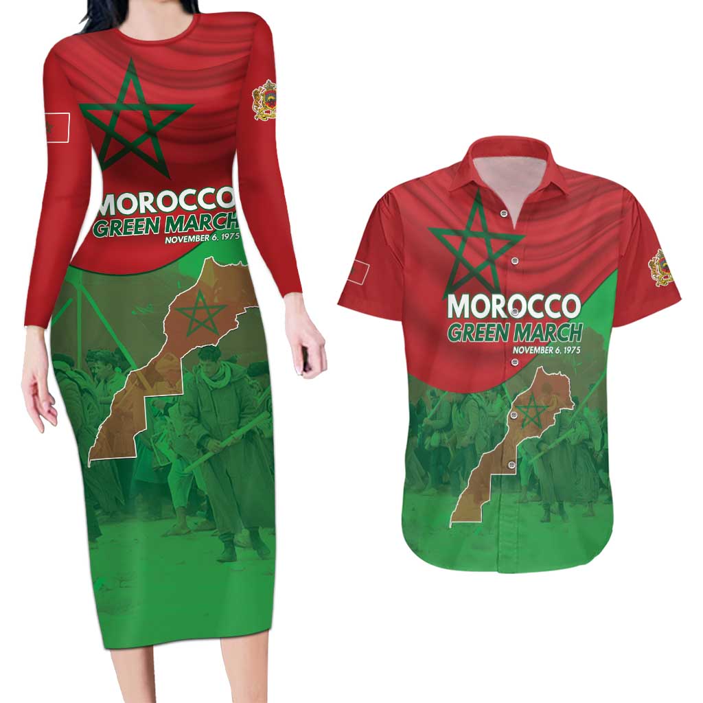 Morocco Green March Day Couples Matching Long Sleeve Bodycon Dress and Hawaiian Shirt One People - One Nation - Wonder Print Shop