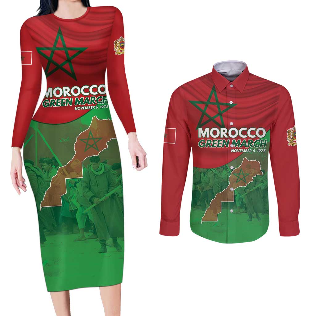 Morocco Green March Day Couples Matching Long Sleeve Bodycon Dress and Long Sleeve Button Shirt One People - One Nation - Wonder Print Shop