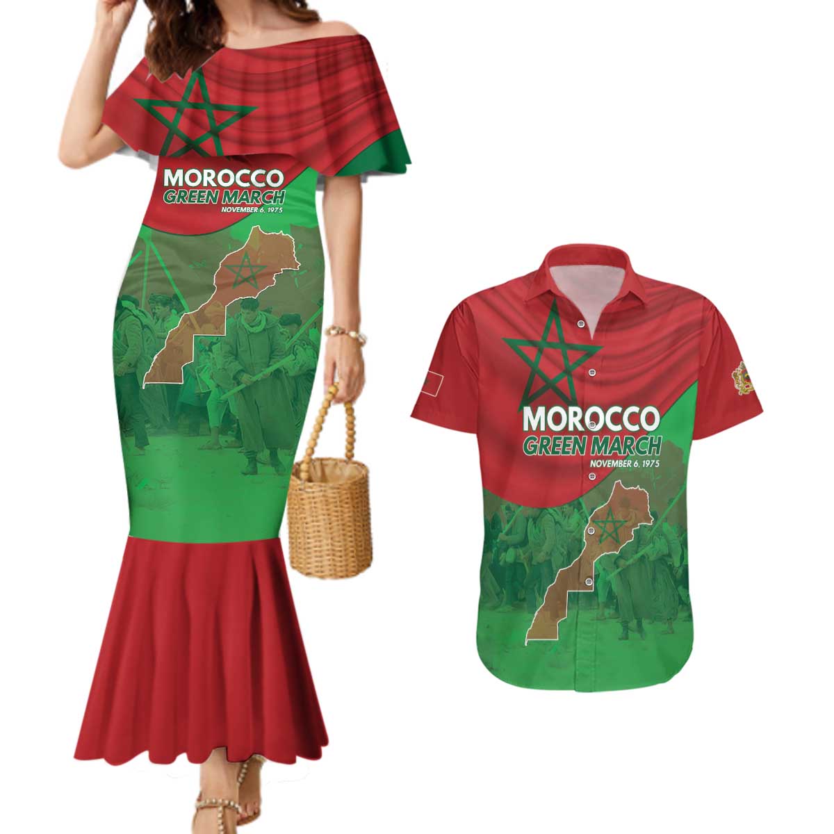 Morocco Green March Day Couples Matching Mermaid Dress and Hawaiian Shirt One People - One Nation - Wonder Print Shop