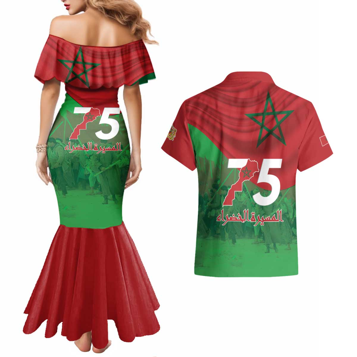 Morocco Green March Day Couples Matching Mermaid Dress and Hawaiian Shirt One People - One Nation - Wonder Print Shop