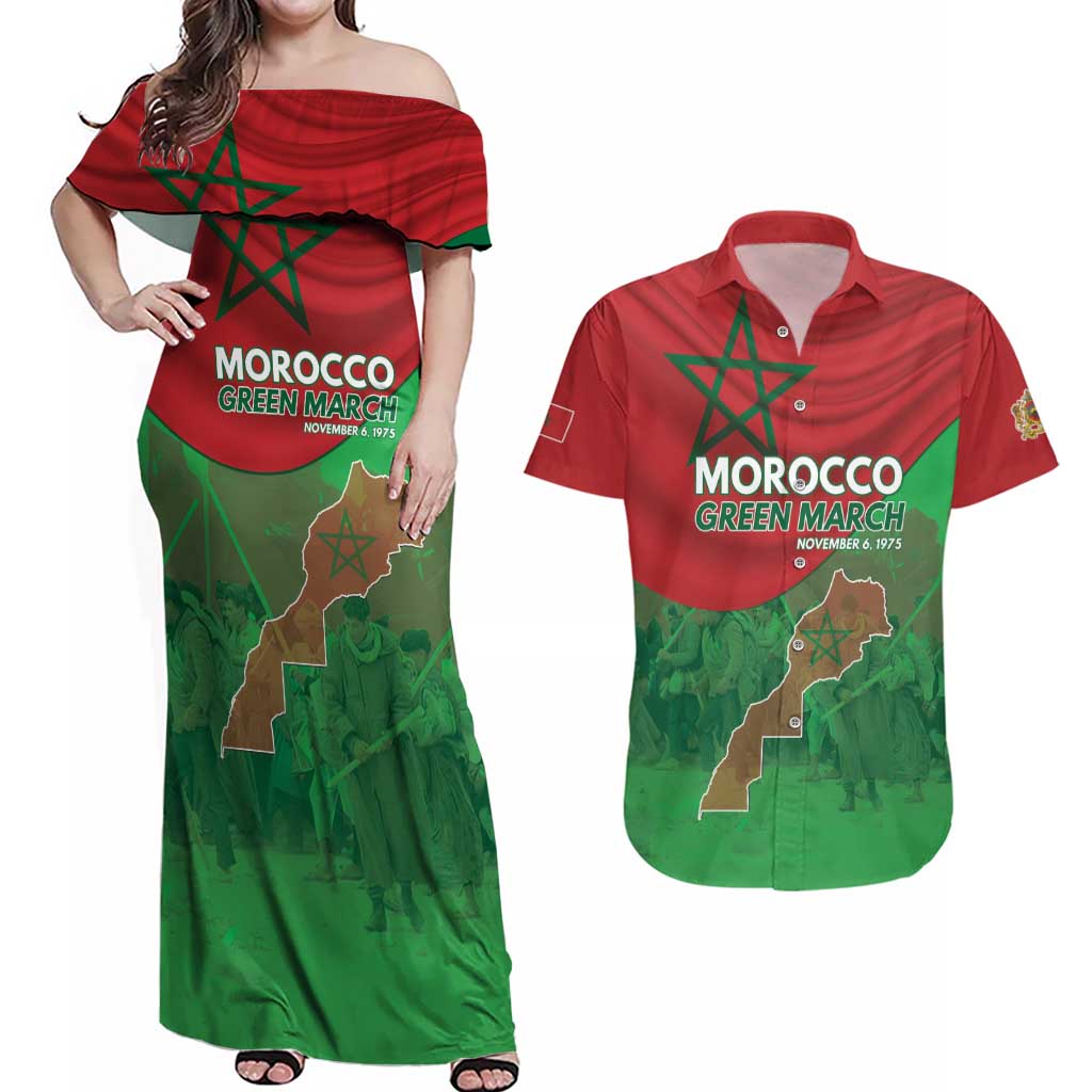 Morocco Green March Day Couples Matching Off Shoulder Maxi Dress and Hawaiian Shirt One People - One Nation - Wonder Print Shop