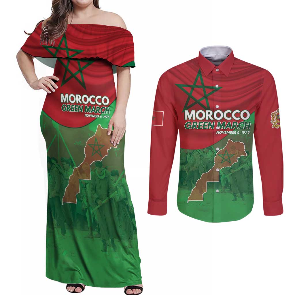 Morocco Green March Day Couples Matching Off Shoulder Maxi Dress and Long Sleeve Button Shirt One People - One Nation - Wonder Print Shop